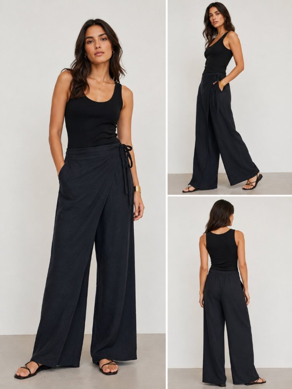 Zara Black Wrap Wide Leg Pants M with Side Tie Detail Capsule Minimalist